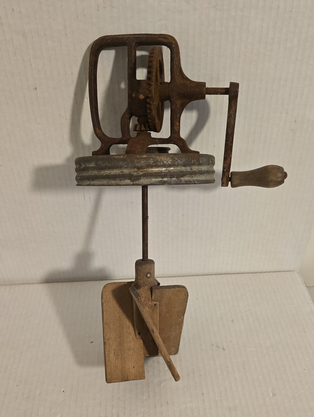 Vintage Hand-Crank Butter Churn Lid & Paddle with Cast-Iron Gear & Wooden Dasher